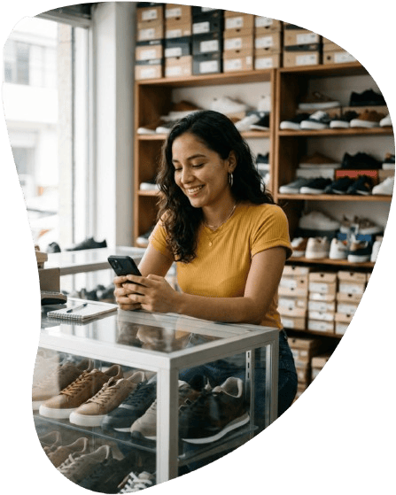 Comerciante sonriendo mientras revisa su catálogo FlyStock